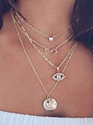 PROTUSTER Boho Layered Crystal Evil Eye Pendant Choker Necklace Greek Eye Gold Moon Star Necklaces Chain Coin Jewelry for Women and Girls (A)