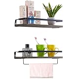 Ahomxin Floating Shelves Wall Mounted Set of 2, Rustic Solid Wood and Metal Frame Wall Storage Shelves for Bathroom, Kitchen, Office, Bedroom, Living Room, Brown