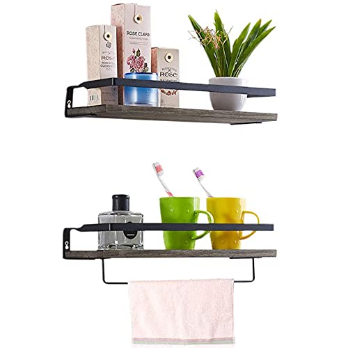 Ahomxin Floating Shelves Wall Mounted Set of 2, Rustic Wood Wall Shelves for Bedroom Wall Shelf with Removable Towel Holder, Bathroom Shelves for Wall Rustic Shelves for Kitchen, Office and More