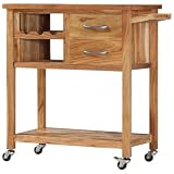RuiNingRN Servierwagen 80x45x91 cm aus massivem Akazienholz mit 2 Schubladen, 3 Regalen, Handtuchhalter, 4 Rollen, Stabiler Küchenwagen, ideal für Stauraum, Beistellwagen, Organizer, platzsparend