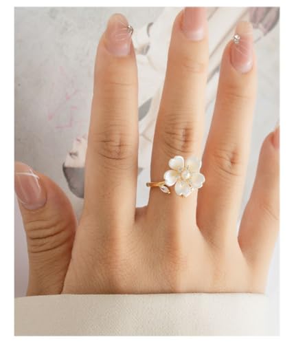 Kokoma Pearl Flower Open Statement Ring for Women Cubic Zirconia Leaf Wrap Finger Band Engagement Promise Ring Wedding Band Dainty Jewelry Gift2