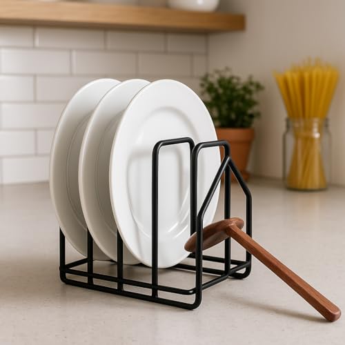 Image of Countertop Dish Rack & Plate Stand - 4-Compartment Iron Dish Drying Rack, Space-Saving Black Kitchen Organizer (6 x 9 x 9.25 Inches)