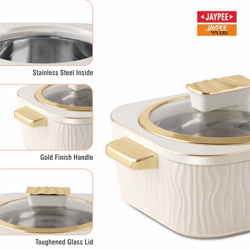 Image of JAYPEE Crinkle Klass Inner Stainless Steel Casserole Set of 3(1000+1500+2000) ml PUF Insulated Gold Finish Handle Lockable Lid BPA Free Hot Box for Kitchen Roti Box Hot Pot Serving Casserole,White