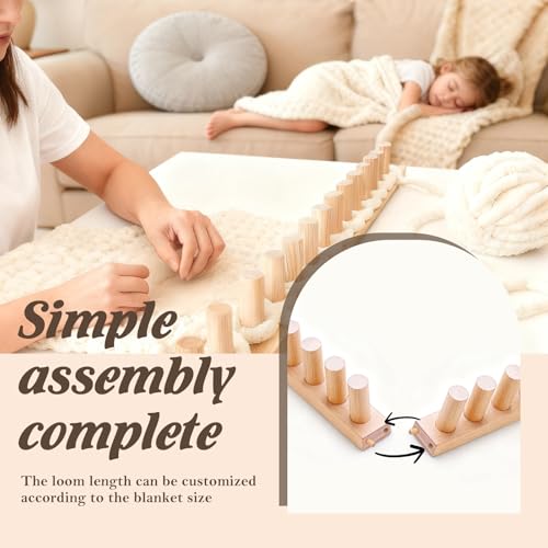 LIGHTLY 46" Chunky Blanket Loom Kit, Wooden Knitting Loom for DIY Blankets, Adjustable Installation Free Wooden Frame, Bulky Blanket Loom Hand Knitting Kit for Beginners