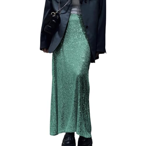 Elegant Sparkling Sequins Stretchy Long Skirt for Women Elastic High Waist A Line Skirt for Formal Parties and Night Out Turquoise
