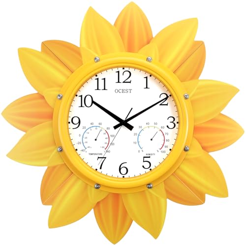 OCEST 24 Inch Outdoor Wall Clock Waterproof Sunflower Clock with Thermometer & Hygrometer Silent Non-Ticking Metal Petal Design for Patio Garden Pool Garage