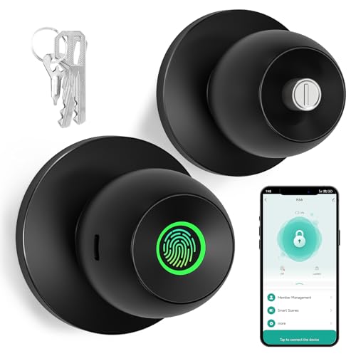52HZ Fingerprint Door Knob with Lock 3 in 1 Smart Finger Print Door Lock Auto Lock Tuya App Control & Key Biometric Thumbprint Door Locks for Bedroom Garage Home & Office Matte Black