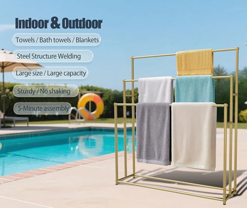 Large Size Standing Towel Racks for Bathroom, Freestanding 3 Tiers Modern Blanket Rack for Living Room, Metal Towel Ladder (Golden)