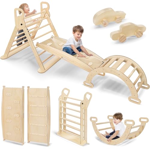 wanwojow Pikler Triangle Climbing Set - Montessori Climbing Set 10 in 1 - Wood Climbing Gym for Toddlers - Foldable Indoor Jungle Gyms Wooden Climber Toys Set for 1+ Years Toddlers Baby Kids(Natural)