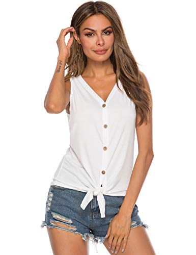 Women's Tie Knot Button Down Shirts Sleeveless Casual Blouse Curved Hemline Tops S-XXL3