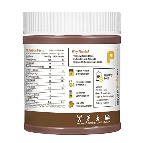 Image of Pintola Almond Butter Dark Chocolate Creamy 350g, | High Fiber | Smooth | Gluten & Cholesterol Free | 14g Protein | Made with dark chocolate & fresh almonds (Pack of 3)