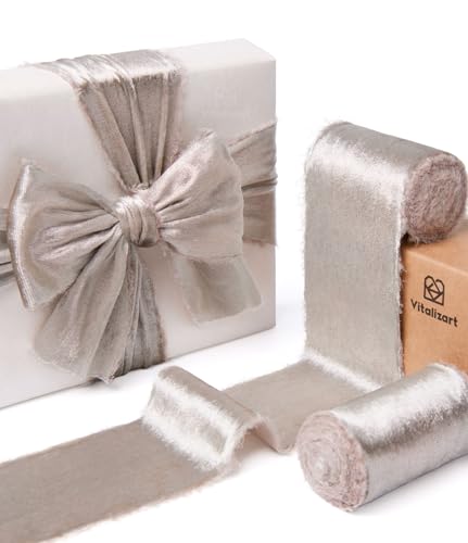 Vitalizart Light Brown Ribbon Silky Velvet 2.5' Handmade Frayed Edges Glossy Ribbon for Valentines Day Gift Wrapping Wreath Garland Holiday Decorations 5 Yd Total