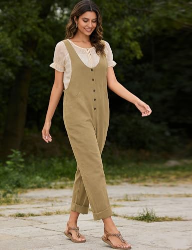 Image of Yeokou Womens Overalls Linen Cotton Jumpsuits Loose Casual Jumpers with Pockets