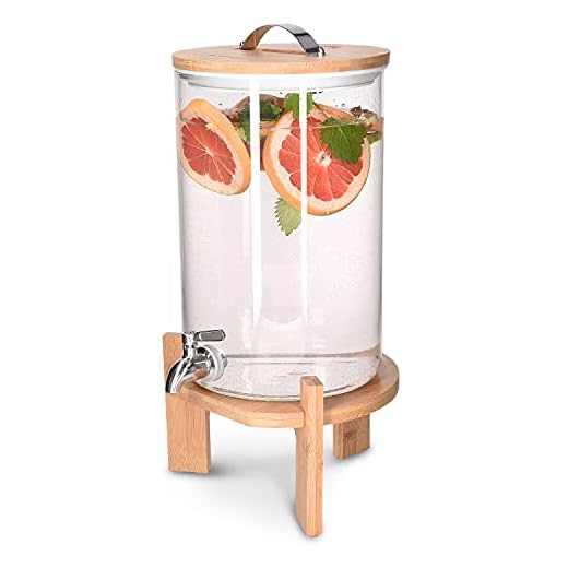 Dispensador de Bebidas de Cristal - Botella con Grifo Soporte y Tapa de Madera para Bebida Caliente o fría - Garrafa de Agua de 7 L - Sin BPA