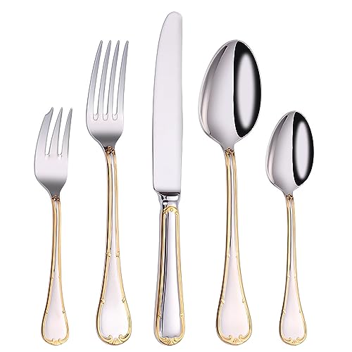 Gold-Rimmed Gilded Handle Kitchen Stainless Steel Silverware Tableware Flatware Cutlery Set Steak Knife Fork Spoon Teaspoon (5 pieces)
