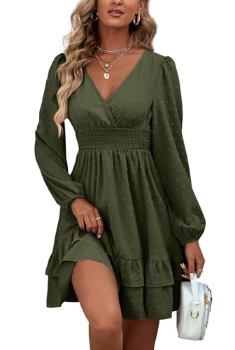 Rooscier Women's Wrap V Neck Swing Ruffle Swiss Dots Long Sleeve Mini Dress3