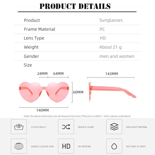 20 Pack Heart Sunglasses for Women Candy Transparent Rimless Bulk Heart Shaped Glasses for Bachelorette Party Favors3