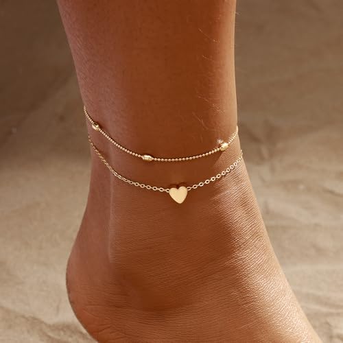 Image of 2 /3 PCS Gold Anklets for Women Waterproof Cuban Link Anklet Beaded Bracelets Stackable Bracelets 14K Gold Plated Custom Jewelry Gifts Non Tarnish Lightweight