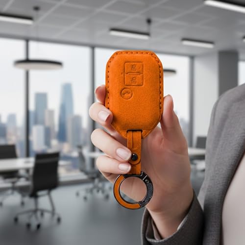 Image of KMH Alcantara Car Key Cover Compatible for Maruti Suzuki Swift, Dzire, Baleno, Ertiga 3 Button Shell Case Holder Full Key Protector Smart Keycover with Keychain (D3) Orange - Pack of 2