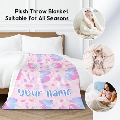 Custom Mermaid Blanket Throws with Name - 50x60 Inches Cute Throw Blanket for Girls - Blue Soft Fuzzy Blankets for Couch & Office