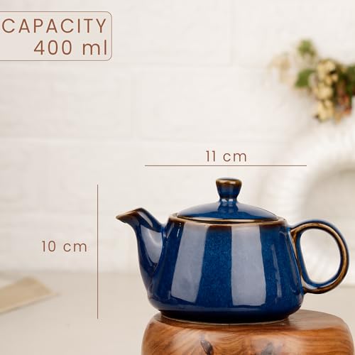 Image of The Earth Store Premium Navy Blue Glaze Ceramic Morning Tea Set - 2 Tea Cups & 1 Kettle Microwave and Dishwasher Safe | Tea Cup with Kettle | Small Morning Set | Ideal for Gifting and Daily Use