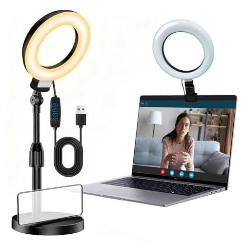 SULISAIS Desk Ring Light with Stand, Video Conference Lighting with Clip, Ring Light for Phone, Travel Selfie Light for Makeup, Live Streaming, Video, Photography