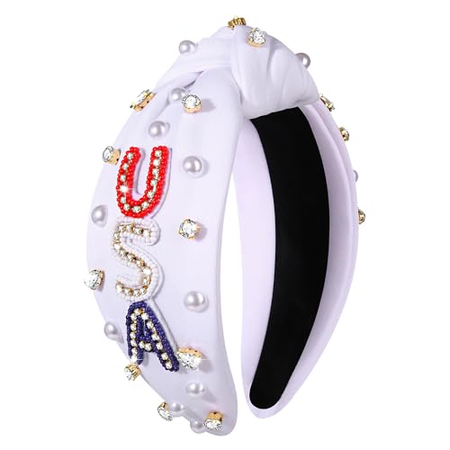 CEALXHENY Headband, 4th of July Accessories for Women, USA Embellished Knotted Headband, Rhinestone Pearl Beads, Holiday Gifts (USA-White)