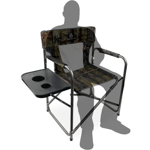 Black Sierra Camo Directors Camping Chair W/Side Table, Steel Frame Folding Chair, Heavy Duty Chair Supports 300 Lbs, Breathable Mesh Back And Padded Armrests, For Camping, Hunting, Patio And Deck #TOP3