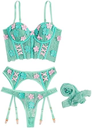 WDIRARA Women’s Floral Lace Embroidered Push Up Garter Lingerie Set with Stockings
