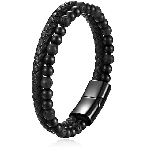 MYNENEY Stainless steel tiger eye stone cuff leather bracelet with bead, hand woven double-layer men's bracelet