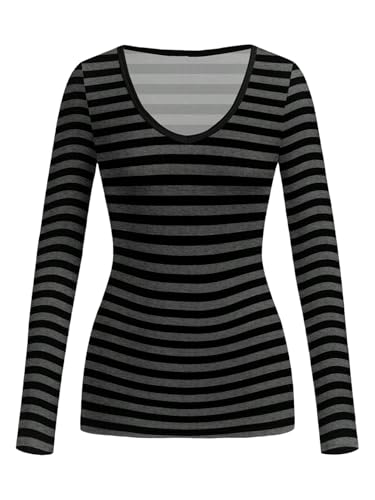 GORGLITTER Women's Striped Gothic Long Sleeve T Shirts V Neck Slim Fit Casual Tee Tops Dressy Fall Clothes Multicolor Small