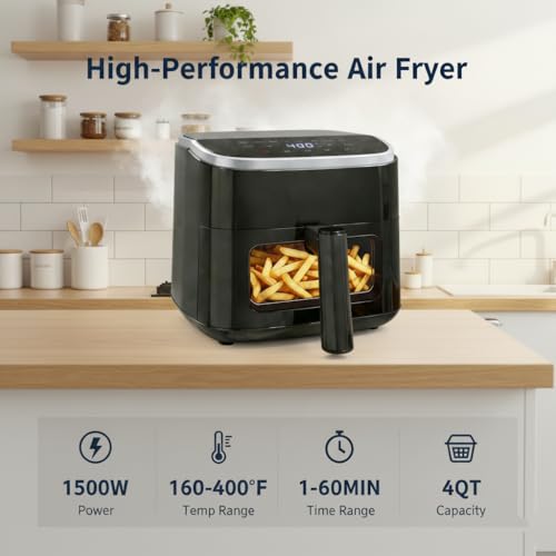 Image of HealSmart 4 Qt Air Fryer with Visible Window, 8-in-1 Digital Airfryer with Interior Light, 1500W, Nonstick Dishwasher-Safe Basket for Fries, Bake, Wings, 60-Min Timer, Black