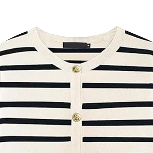 Women's Casual Sweaters Round Neck Gold Cardigan Striped Knitted Outerwear Long Sleeve Top with4