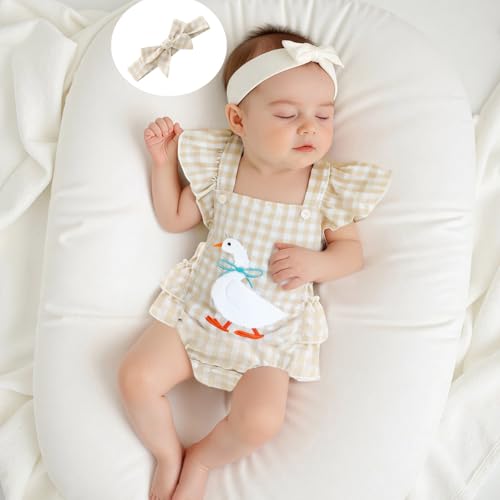 Baby Girl Duck Clothes Newborn Summer Clothes Duck Embroidery Romper Flying Sleeve Plaid Overalls with Headband4