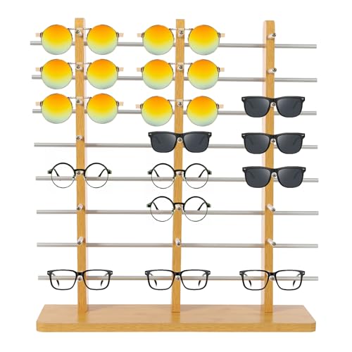 Upgrade Glasses Display Stand, 8 Tier Large Sunglasses Holder Organizer Rack with Wood Base, Eyeglasses Storage Display Stand for 24 Pairs of Glasses, Glasses Holder Rack for Glasses Store, Home