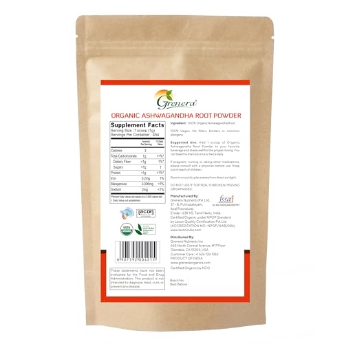 Image of Grenera Organic Ashwagandha Powder 1 lb (16 Ounce) - USDA Organic, Vegan, Kosher Cetified