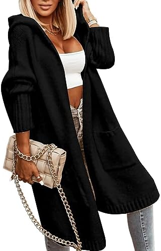 Strickjacke Damen Lang Cardigan mit Kapuze Winter Grobstrickjacke | Open Front, Casual, Lose, Strickmantel, Jacke, Elegant, Longstrickjacke, Sweater