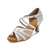 CLEECLI Women's Ballroom Dance Shoes Latin Salsa Dancing Shoes Cross Strap 2.5inch 3inch Heel ZB04(8,Silver-2.5 Inch Heel)