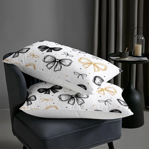 Image of AILONEN Black Gold Bow Comforter Queen 3 Piece Aesthetic Hand Drawn Bedding Premium Microfiber Quilted Duvet Alternative Master Bedroom Decor Stylish Quilt 2 Cases