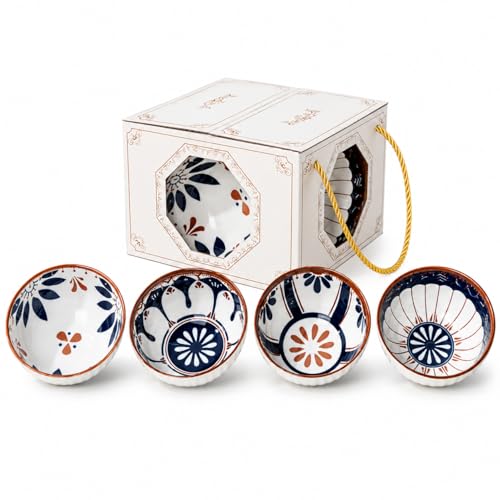 Image of YELONA Japanese Style Ceramic Bowl Set of 4 with Gift Box | Serving, Snack, Dessert & Rice | 300ML Microwave Safe Bowls | Dishwasher Safe | Ceramic Dinner Set for Gifting (Olive & Ocean)