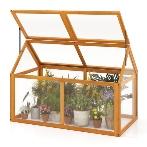 Giantex Wood Cold Frame Greenhouse, Portable Raised Flower Planter Protection with Transparent Panels & Adjustable Roof, Small Indoor Outdoor Hot House for Garden Balcony, 40”x21”x28”