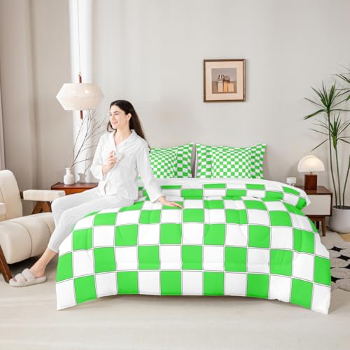 Image of Erosebridal Checkered Full Bedding Set Lime Green Grid Plaid Comforter Set with Sheets 7 Piece Geometric Gingham Bed in A Bag for Kids Boys Teen Men Bedroom-Soft Lightweight for All Season