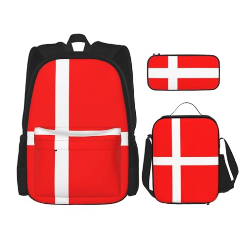 Denmark Danish Flag Print 3-Piece Set Backpack, Lunch Bag And Pencil Case, For Travel, College, And Daily Use