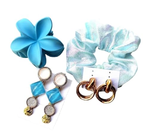 Image of Hair Accessories Set, Blue and Iridescent, Flower Claw Clip, Scrunchie, Drop Earrings, 4 Pieces