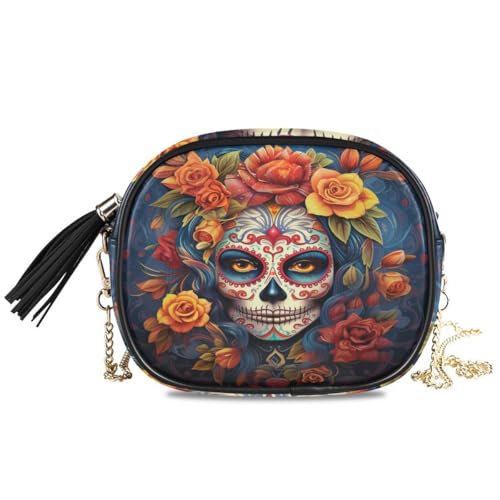 Image of ALAZA Women's Dia Muertos Mexican Day Of The Dead Girl Sugar Skull PU Leather Crossbody Bag Shoulder Purse with Tassel
