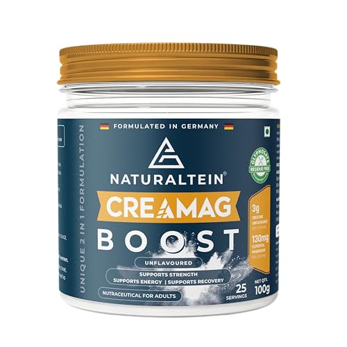 Image of Naturaltein CreaMag Boost | India's First Creatine + Magnesium Bisglycinate Formula | 3g Creatine Monohydrate & 130mg Elemental Magnesium Per Serving | Glyphosate Residue Free | Supports Strength, Energy & Recovery | Unflavoured | 100g (25 Servings)