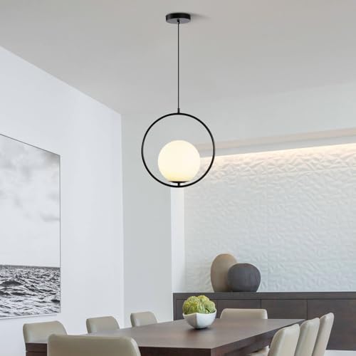 Image of Vintage Pendant Light 1-Light Black Glass Globe Ceiling Pendant Lamp Chandelier Oval Shape Hanging Pendant Light Fixtures for Bedroom Living Dining Room Kitchen (Round(25cm))