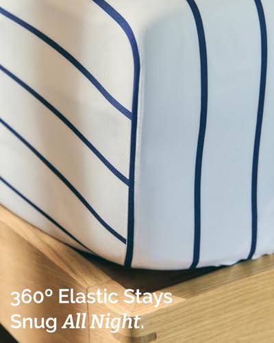 Image of Cal King 4 Piece Striped Sheet Set - Breathable & Cooling - Navy Stripe | 1 Flat, 1 Fitted & 2 Pillowcases w / Deep Pockets, Luxury Striped Bedding, Soft, Breathable & Cooling, Wrinkle & Fade Free