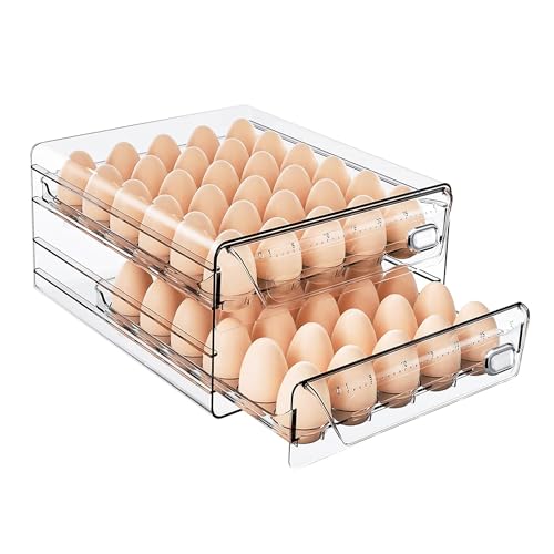 HIYOHIYO Clear 60 Grid Egg Holder for Fridge with Drawers 2-Tier Large Capacity Egg Container for Refrigerator Stackable Eggs Organizer for Refrigerator Eggs Storage with Time Scale Marking