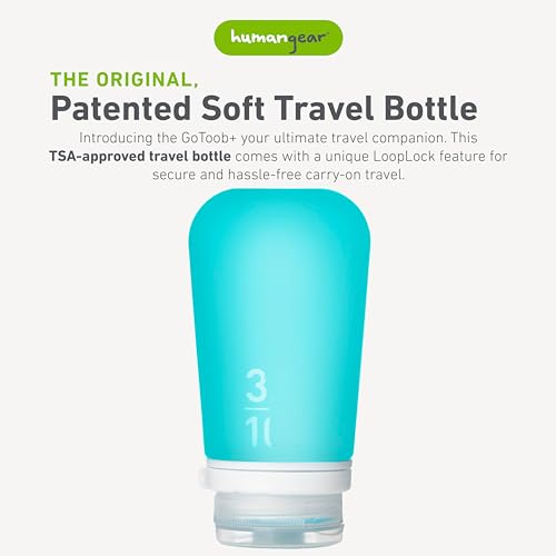 Image of humangear GoToob+ (Large) | Refillable Silicone Travel Bottle | Locking Lid | Food-Safe Material | Aqua, Large (3.4 fl.oz.; 100ml)